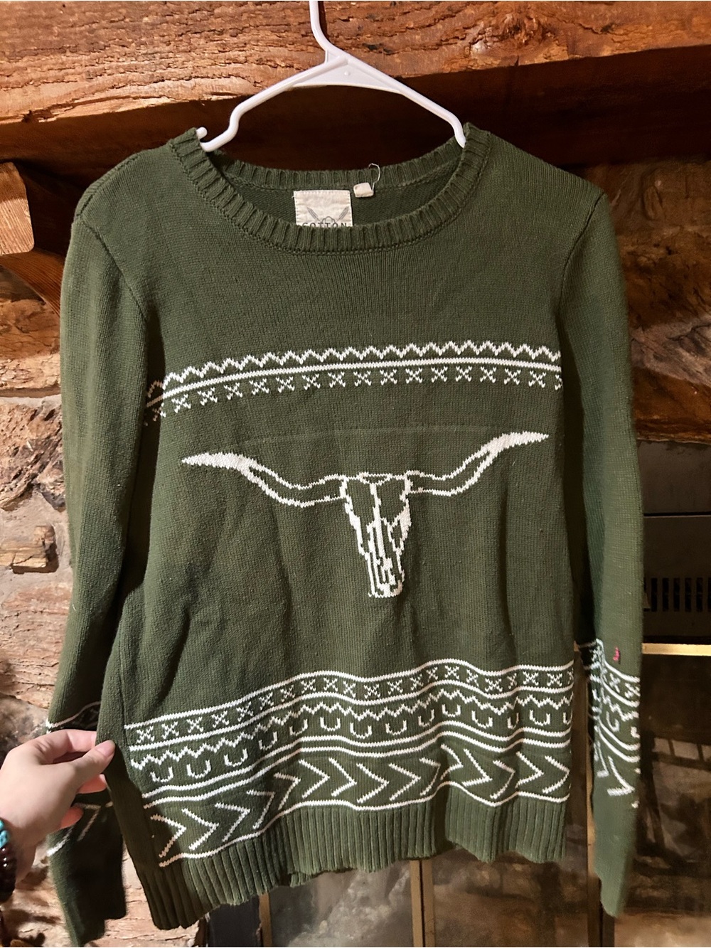 Olive Green Crewneck Sweater with White Longhorn Motif